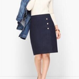 Talbots A-line wool skirt lined size 8 navy blue gold buttons scallop hem work